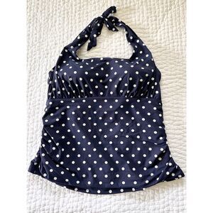 Lands’ End Navy Polka Dot Tankini Top Womens 20W Halter Tie Swim Top